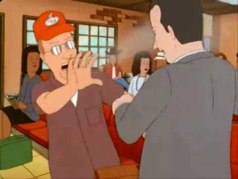 A screenshot from the TV show King of the Hill showing character Dale throwing a handful of sand at a man.