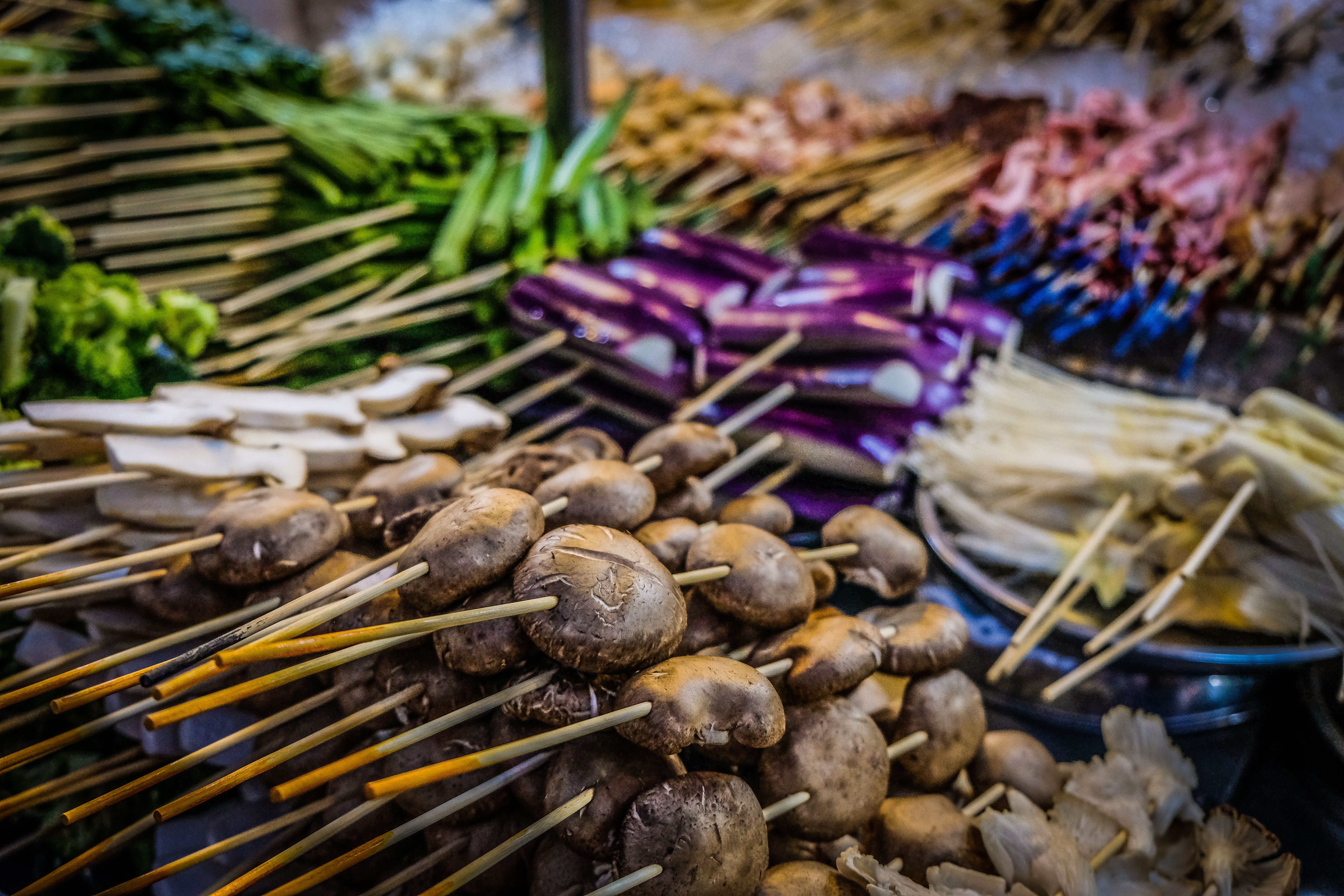 vegetable skewers at a Chinese barbecue stand