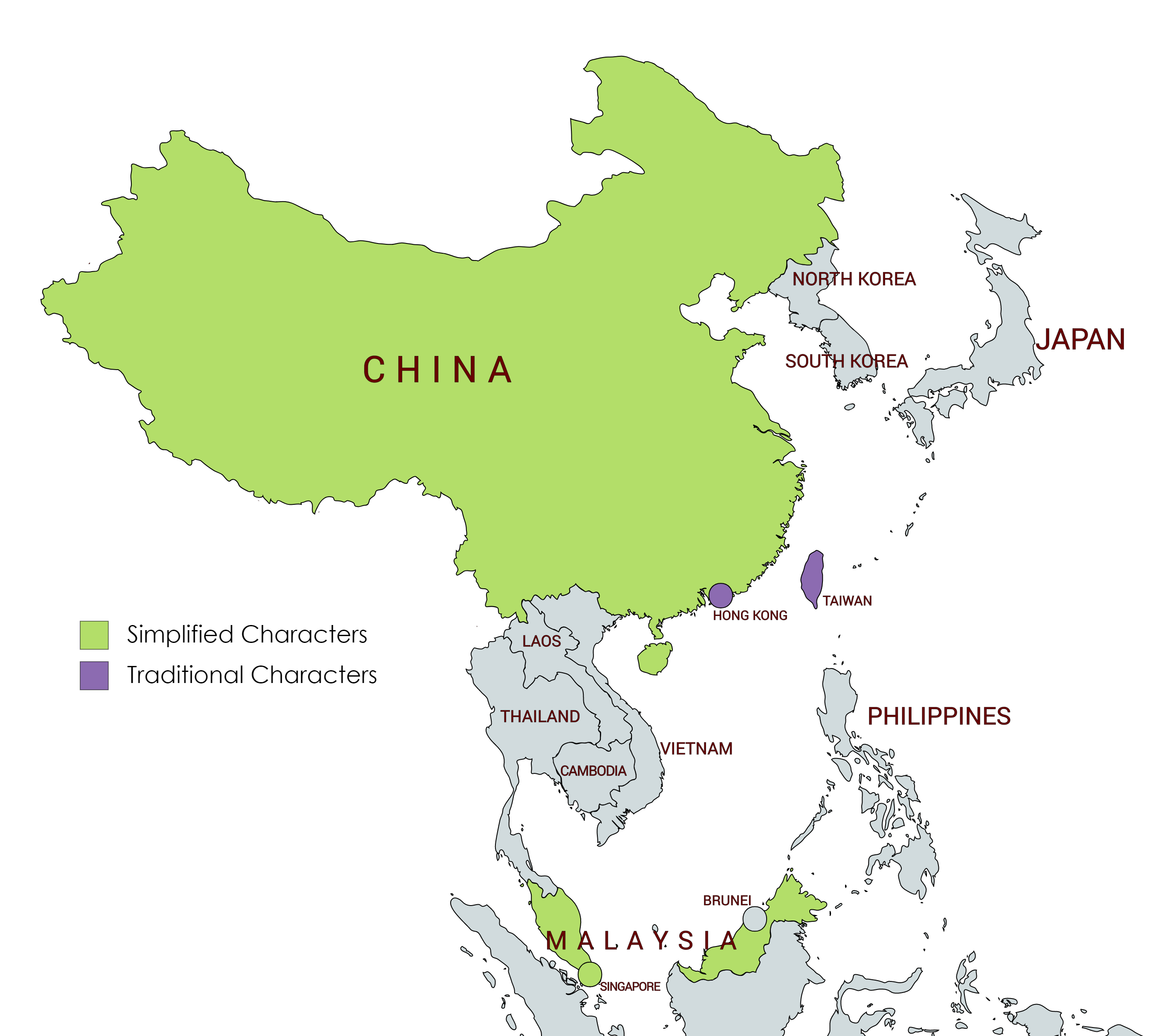 A map showing simplified and traditional Chinese character usage by region.